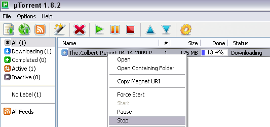 Step 2: Ok, so now that it is stopped, we can tell uTorrent a new location for where we want it to continue download the torrent.