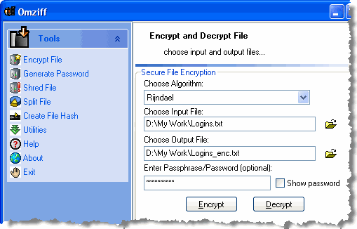 Encrypt and Decrypt File screen in Omziff
