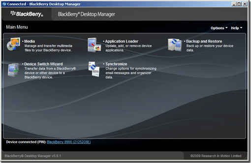 Blackberry Desktop Manager main window.