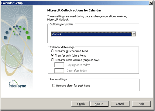 Choose Outlook profile, calendar, and alarm settings.