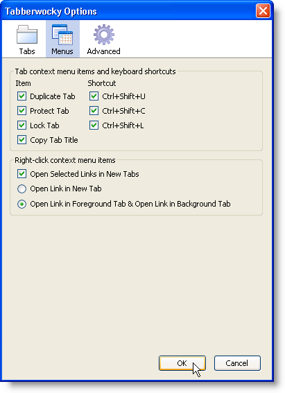 Menus screen on Options dialog box