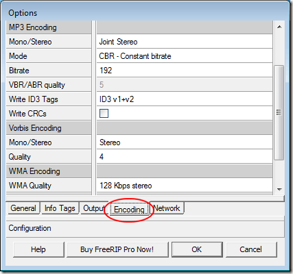 FreeRIP Basic Encoding Tab