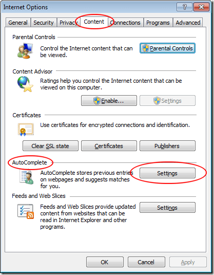 Internet Explorer AutoComplete Settings