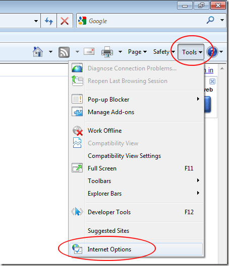 Internet Explorer Tools and Internet Options