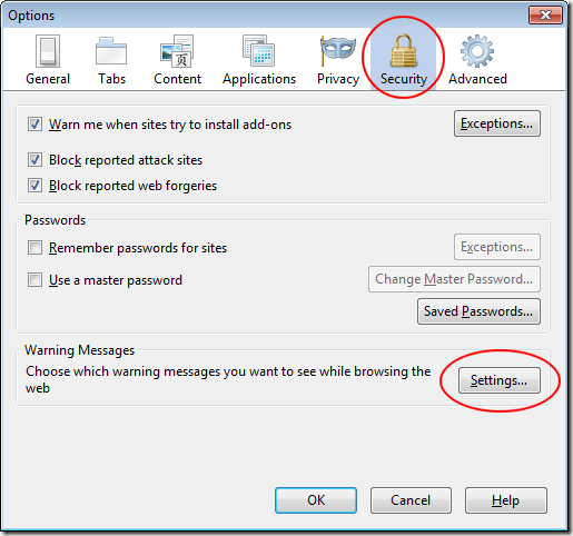 Security and Warning Messages in Firefox