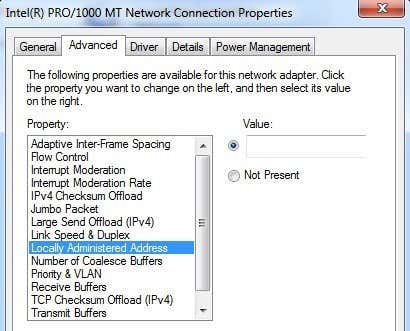 change mac address for email in windows 7