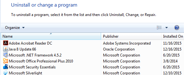 program list windows 8