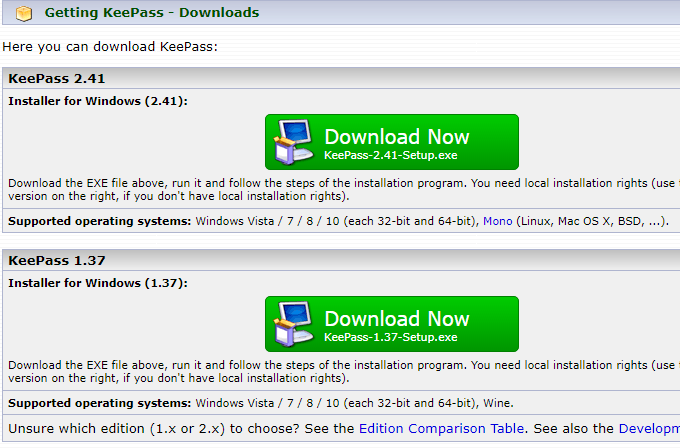 keepass versions