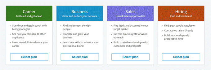 Four LinkedIn Premium Tiers image - LI paid plans