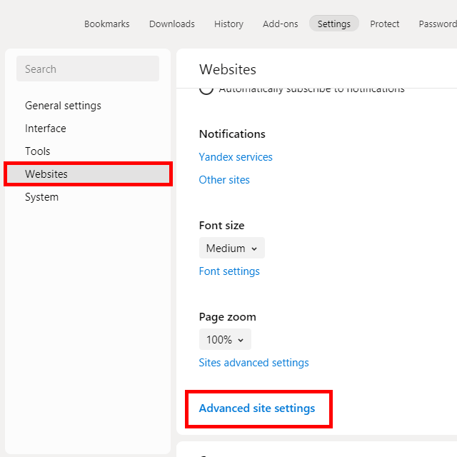 Yandex Browser image 2 - yandex-websites-advanced-settings