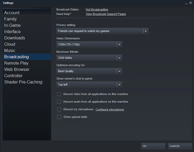 Setting Up a Steam Broadcast image - Steam-Settings