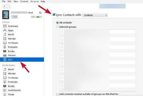 itunes shows wrong outlook contact groups