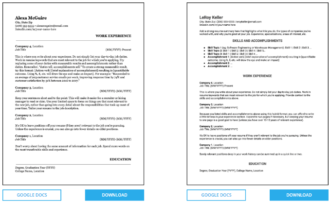 resumes templates for google docs