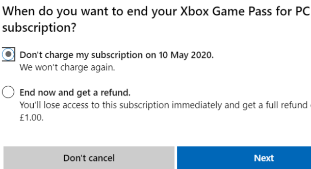 xbox game pass subscription cancel pc