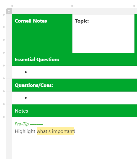 cornell notes template evernote web