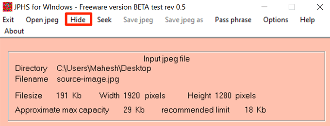 Use An App To Hide Files In a JPG Picture (Windows) image 3 - jphs-hide-files