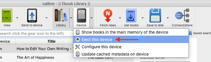 How To Send a PDF File To Kindle Using Calibre image 3 - Calibre-3.-Eject-Kindle