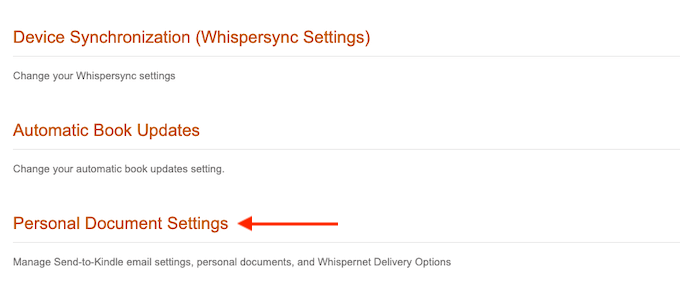 kindle personal documents settings