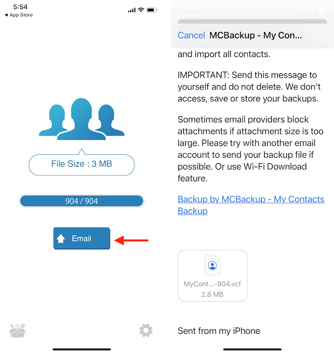 How To Export Contacts From iPhone (Without iCloud) image 3 - My-Contacts-Backup-Tap-on-Email