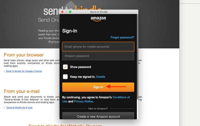 amazon send to kindle login not working