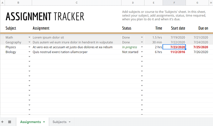 assignment organizer google sheets