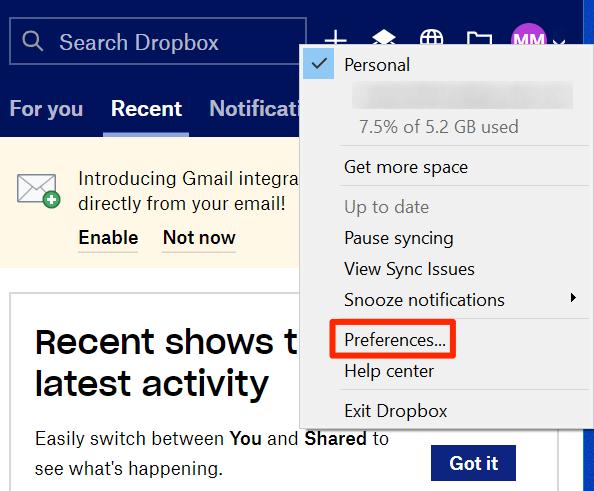How To Move Your Dropbox Folder image 3 - dropbox-preferences