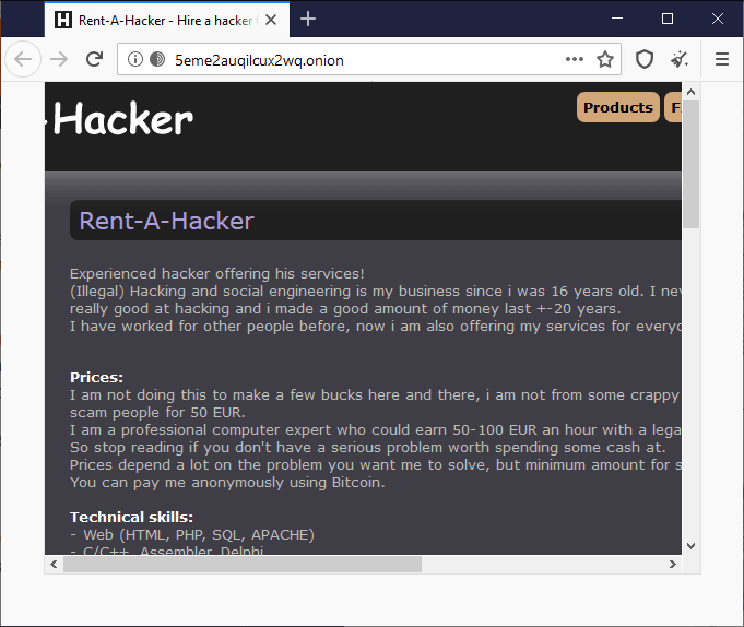 What Is On The Dark Web? image 3 - tor-fake-hacker-for-hire-page