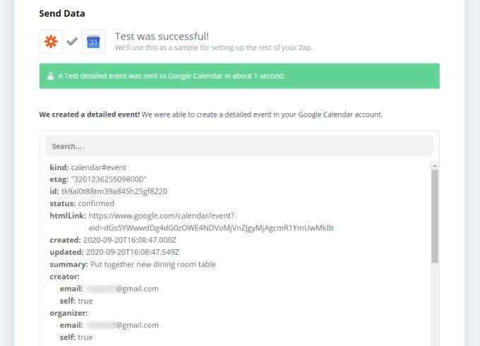 Integrating Google Calendar with Zapier image 5 - successful-test