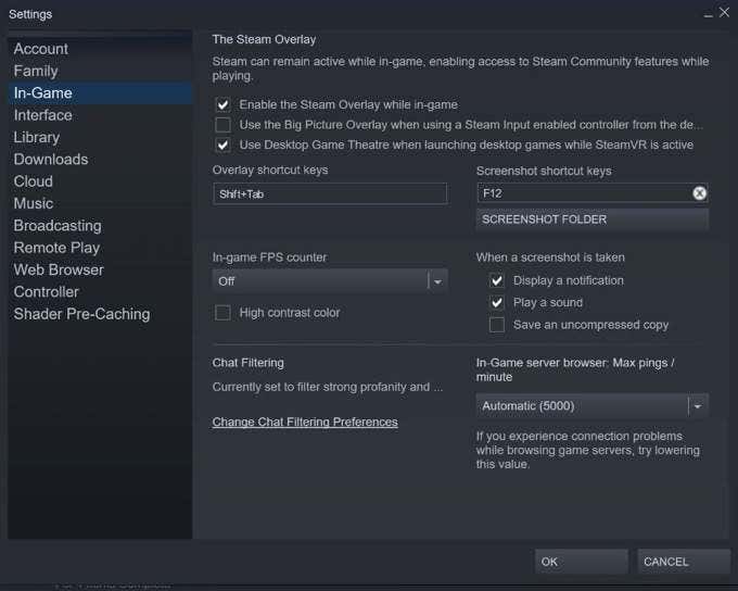 Allow screen overlay on settings. Steam shortcut.