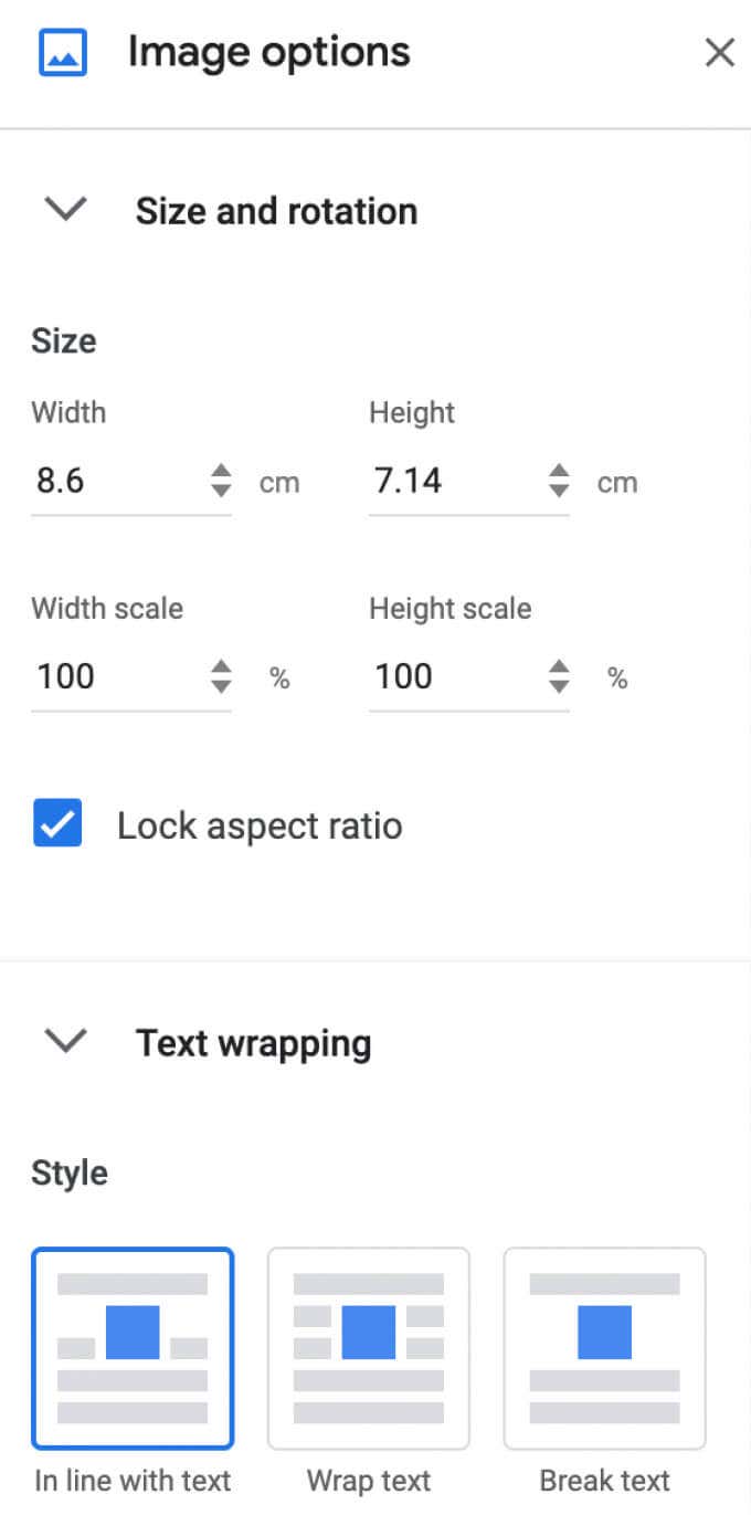 image options in Google docs showing how to change the size and rotation, text wrapping, and style - 06_edit-signature_options