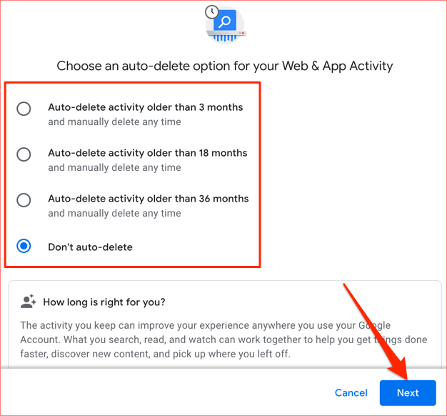 you can choose from among many auto delete options - 14-auto-delete-google-activity-options