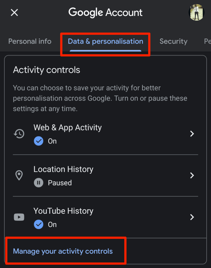 Data and personalization tab on Google - 17-google-my-activity-android-02's manage account profile