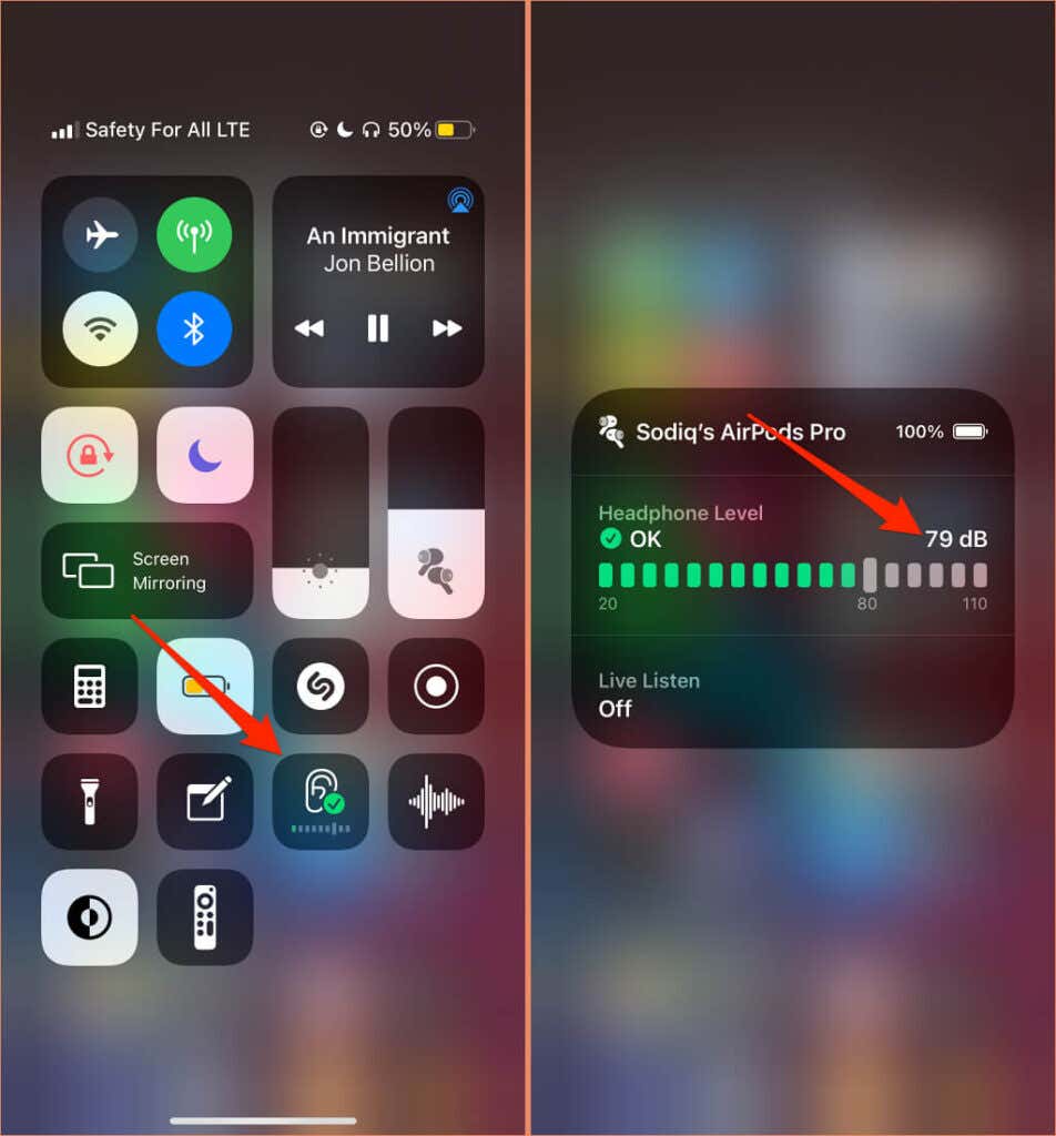 Headphone hearing and volume control level on iPhone