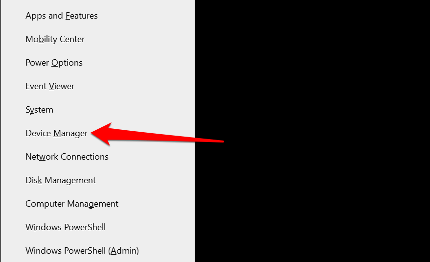 "Device Manager" highlighted in Windows Quick Link menu