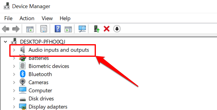 "Audio inputs and outputs" highlighted in Windows Device Manager