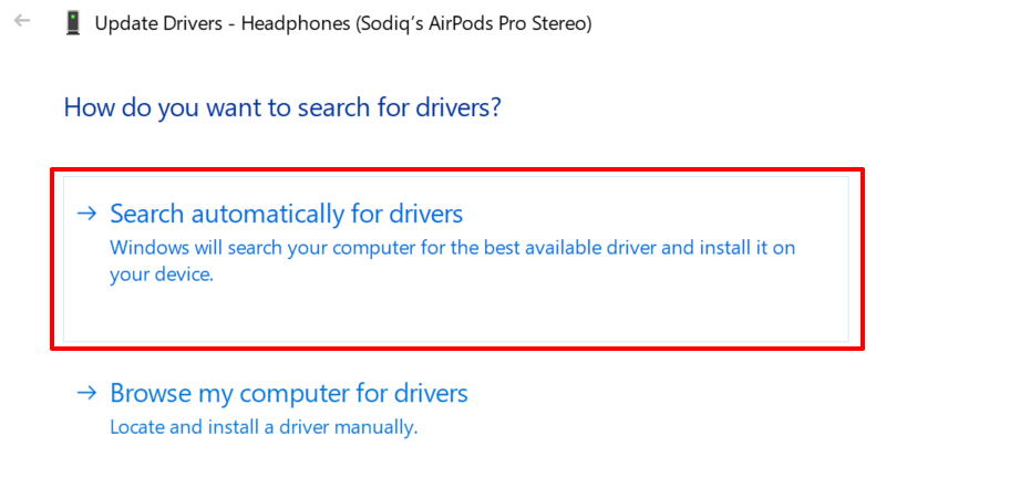 Audio driver update options in Windows