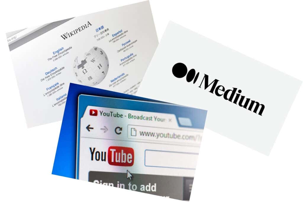 image of Wikipedia, Medium logo and Youtube - media-websites