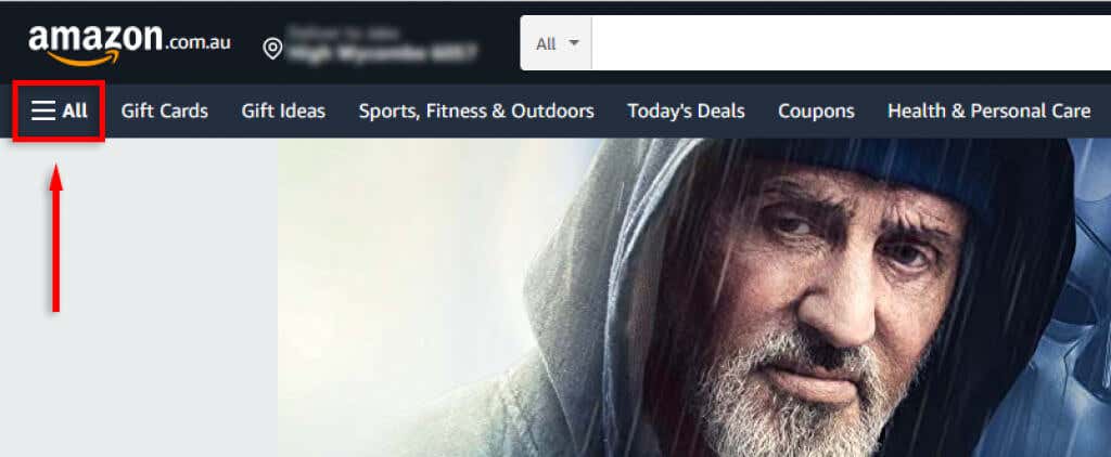 "All" menu icon highlighted on the Amazon homepage