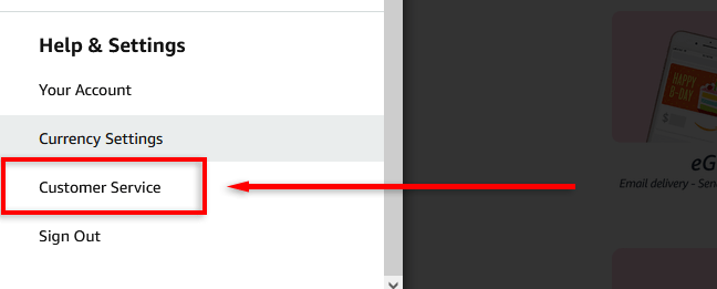 "Customer Service" highlighted on the Amazon website menu screen