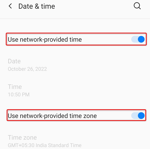 "Date & time" settings menu in Android