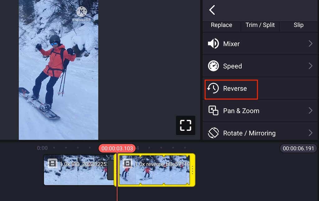 Steps to add a "Reverse" effect to a video clip in Kinemaster 