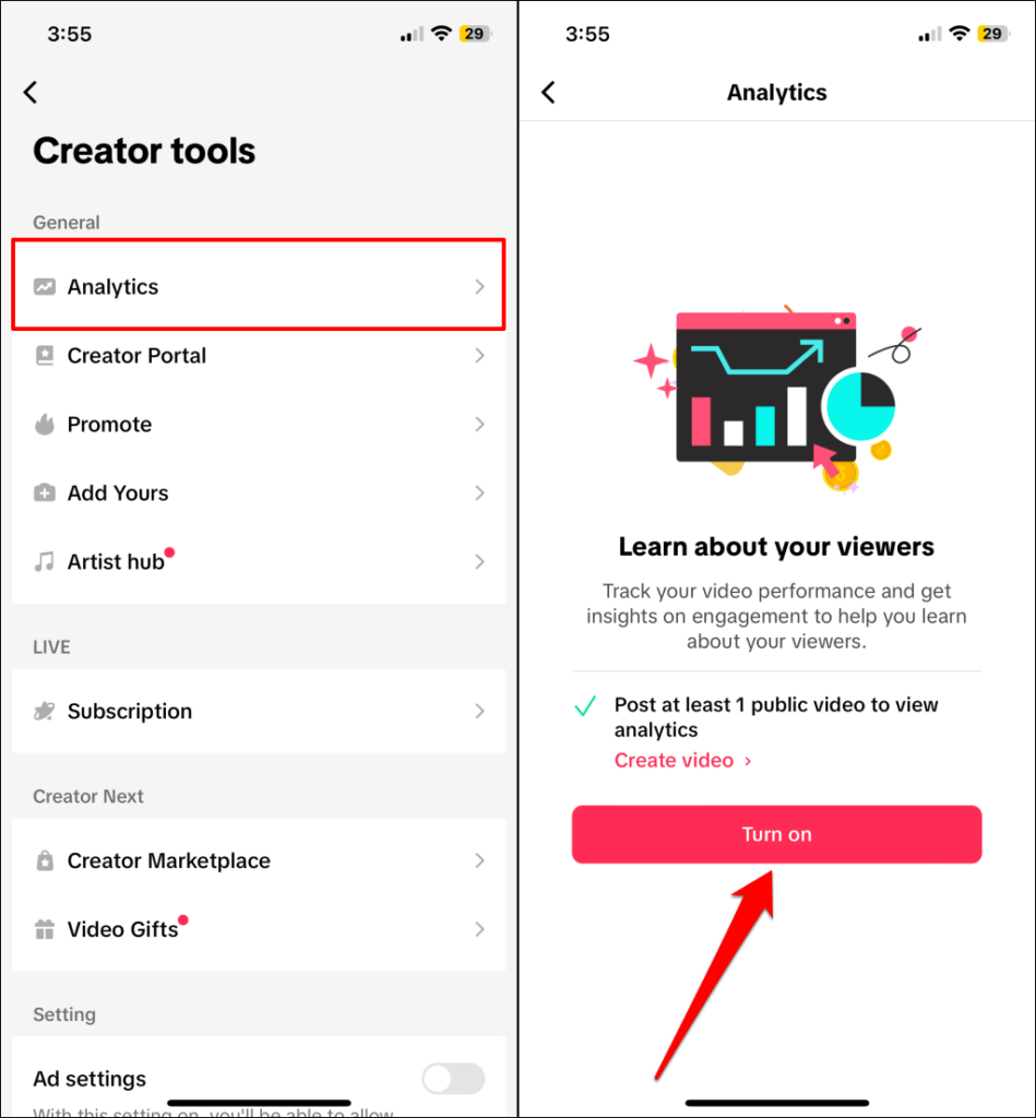 Turning on Analytics in TikTok