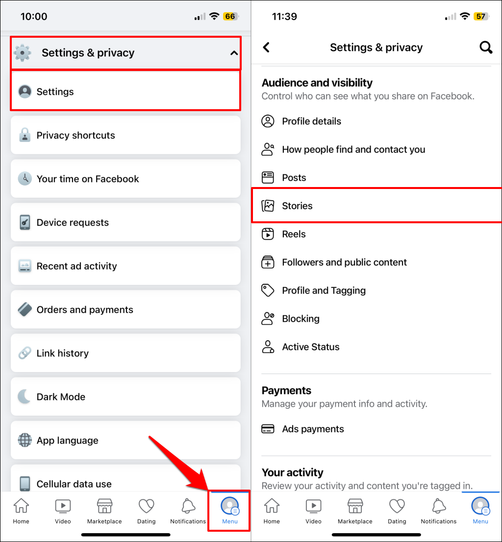 Facebook Settings & privacy page