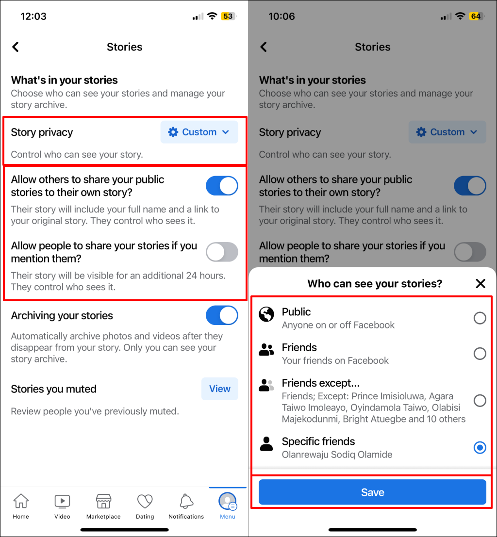 Facebook story privacy options