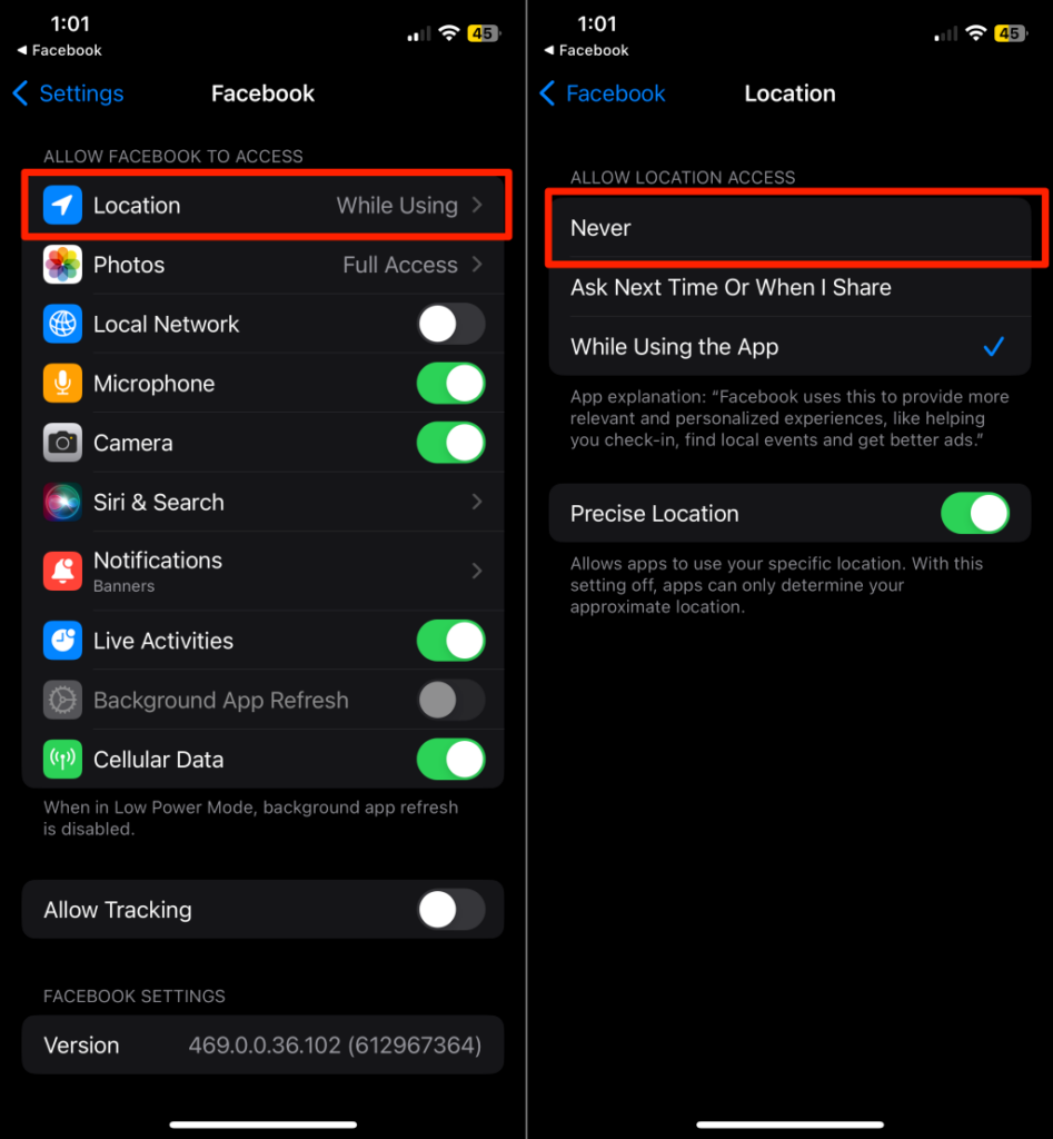 Steps to turn off location permission for Facebook on iPhone - facebook-location-18