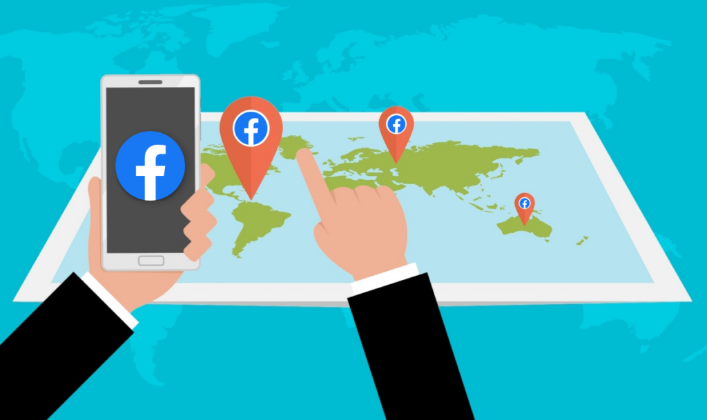 An illustration showing two hands holding a smartphone with the Facebook logo on-screen; a map with Facebook location pins sits in the background. - facebook-location-featured