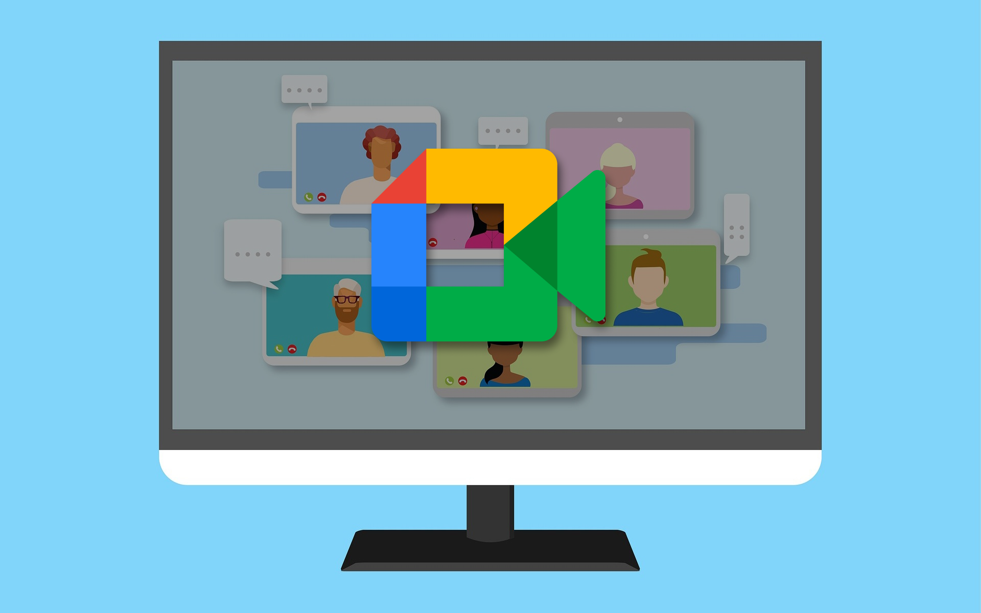 Illustration of monitor showing Google Meet logo overlayed on video call participants - illustration-of-a-computer-monitor-displaying-google-meet-logo-overlayed-on-video-call-participants