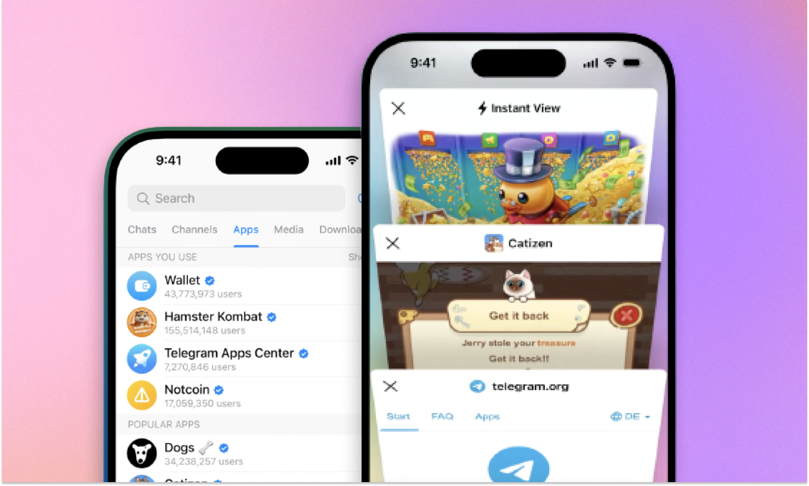 Illustration showing Telegram's new mini app store (left) and in-app browser (right) - telegram-in-app-browser-mini-app-store